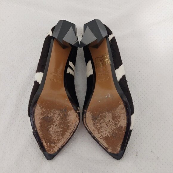 Fendi Italy Brown White Calf-hair Pointed Toe Diamond Cut Heeled Pump Size 36.5 - Picture 9 of 11